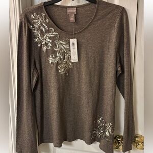 NWT Chico's Taupe Long Sleeve Top with Silver Sequin Embellishments SZ 1/M